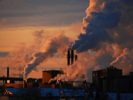 Sault Paper Mill at sunset - two US PhD students have developed an eco-friendly agricultural use for lignin, the pulpy byproduct of biofuel and paper processing.